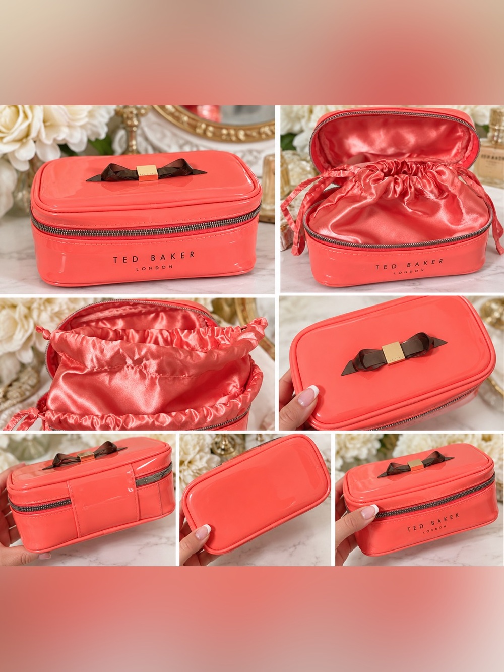 *Ted Baker* Coral Patent Mini Travel Makeup Case with Bow Accent